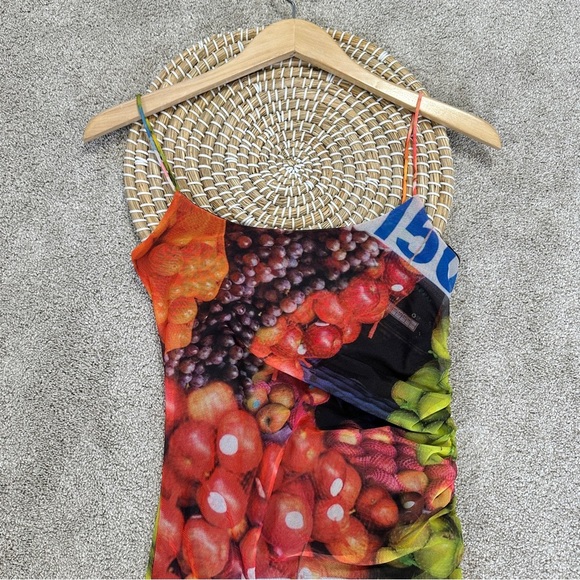 Zara Ruched Mesh Maxi Dress Strappy Sleeveless Fruit Stand Print Colorful Size S - Picture 5 of 14